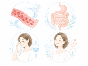 水を飲むメリットの4分割イラスト