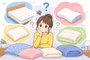 寝具に悩む女性の画像