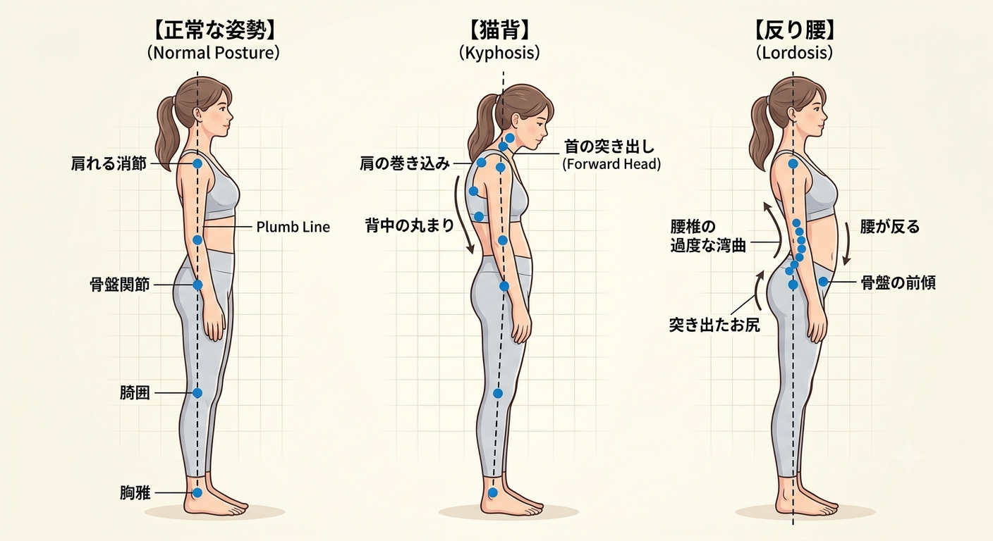 正常な姿勢と猫背・反り腰の姿勢のイラスト