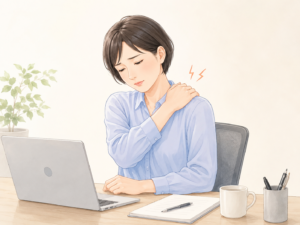 パソコン作業中に、片手で肩を揉んでいる人のイラスト