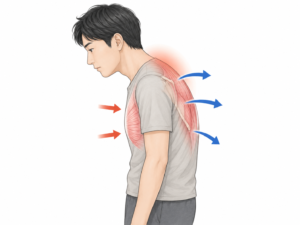 横向きの人物で、胸の前が縮み、背中側が引っ張られていることを矢印で示す図解