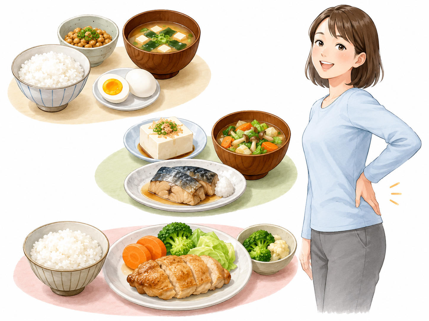 ぎっくり腰の回復を支える食事例イラスト