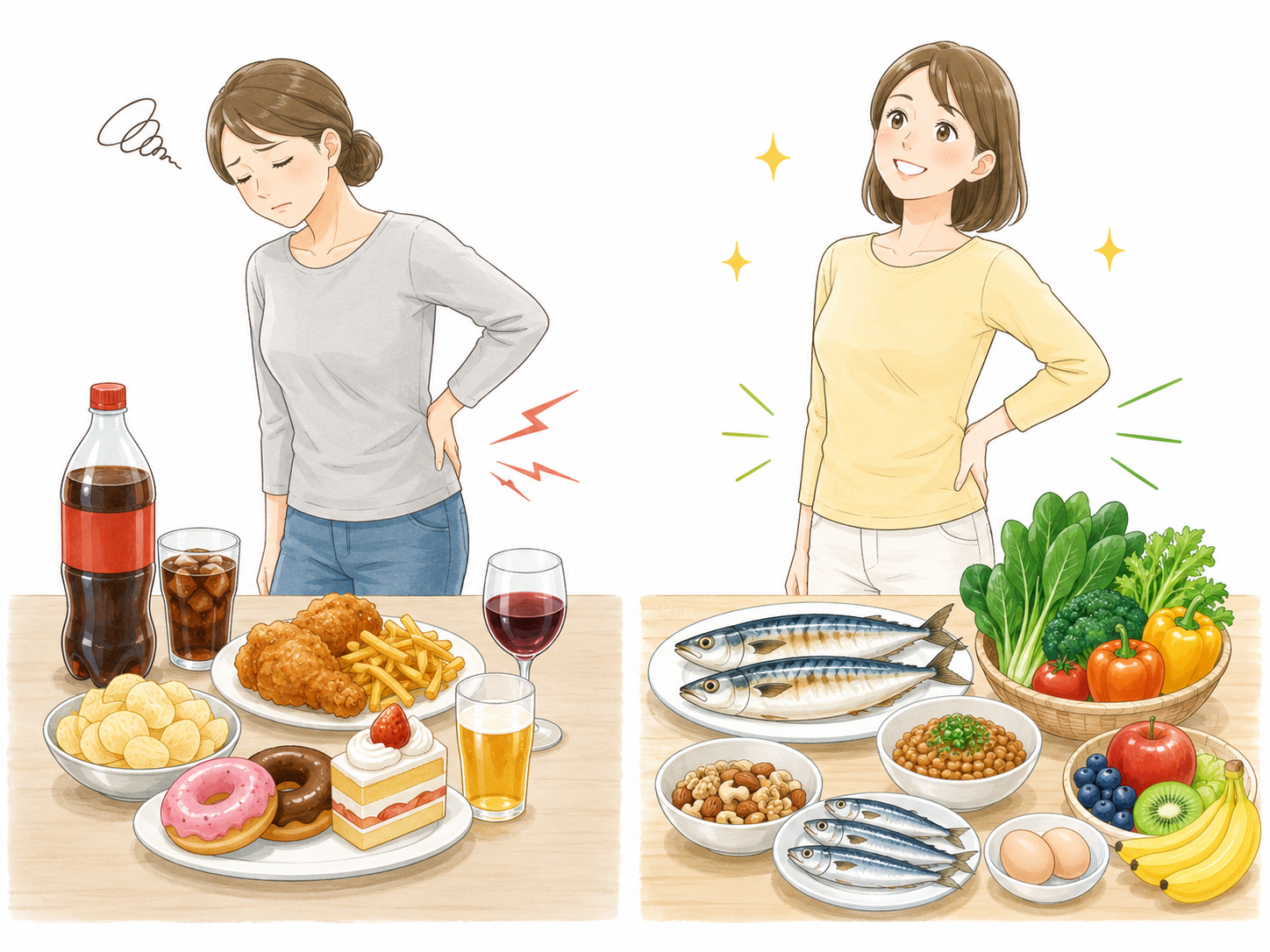 「悪い食事を減らして良い食事を足す」比較イラスト