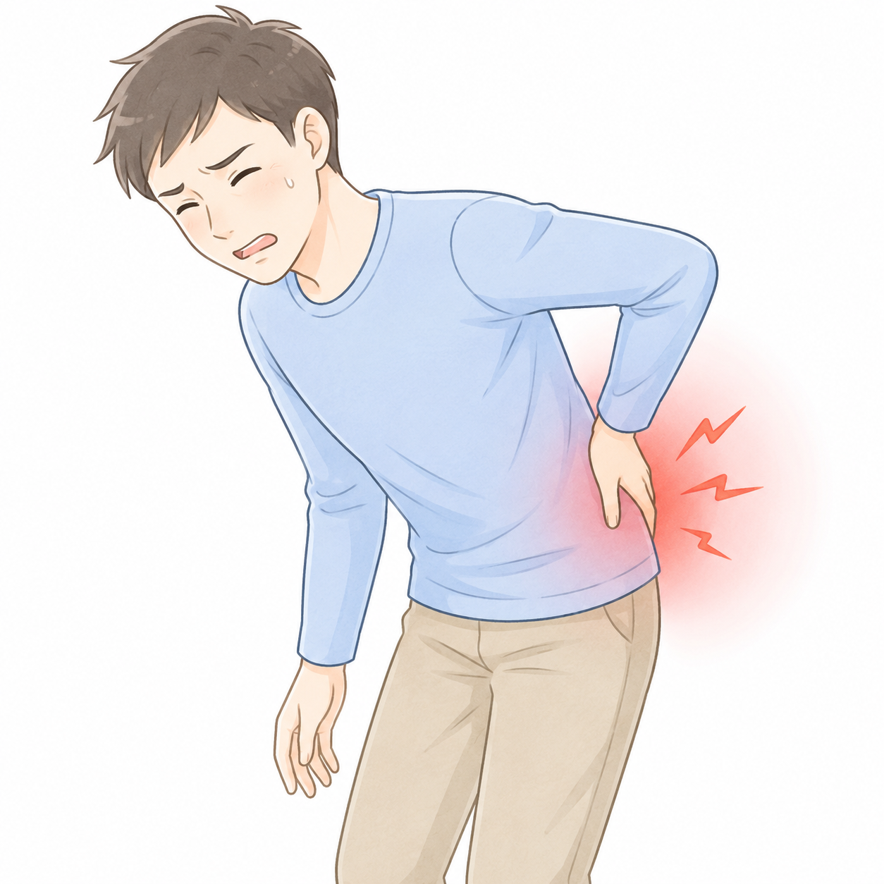背中の痛みを示す男性