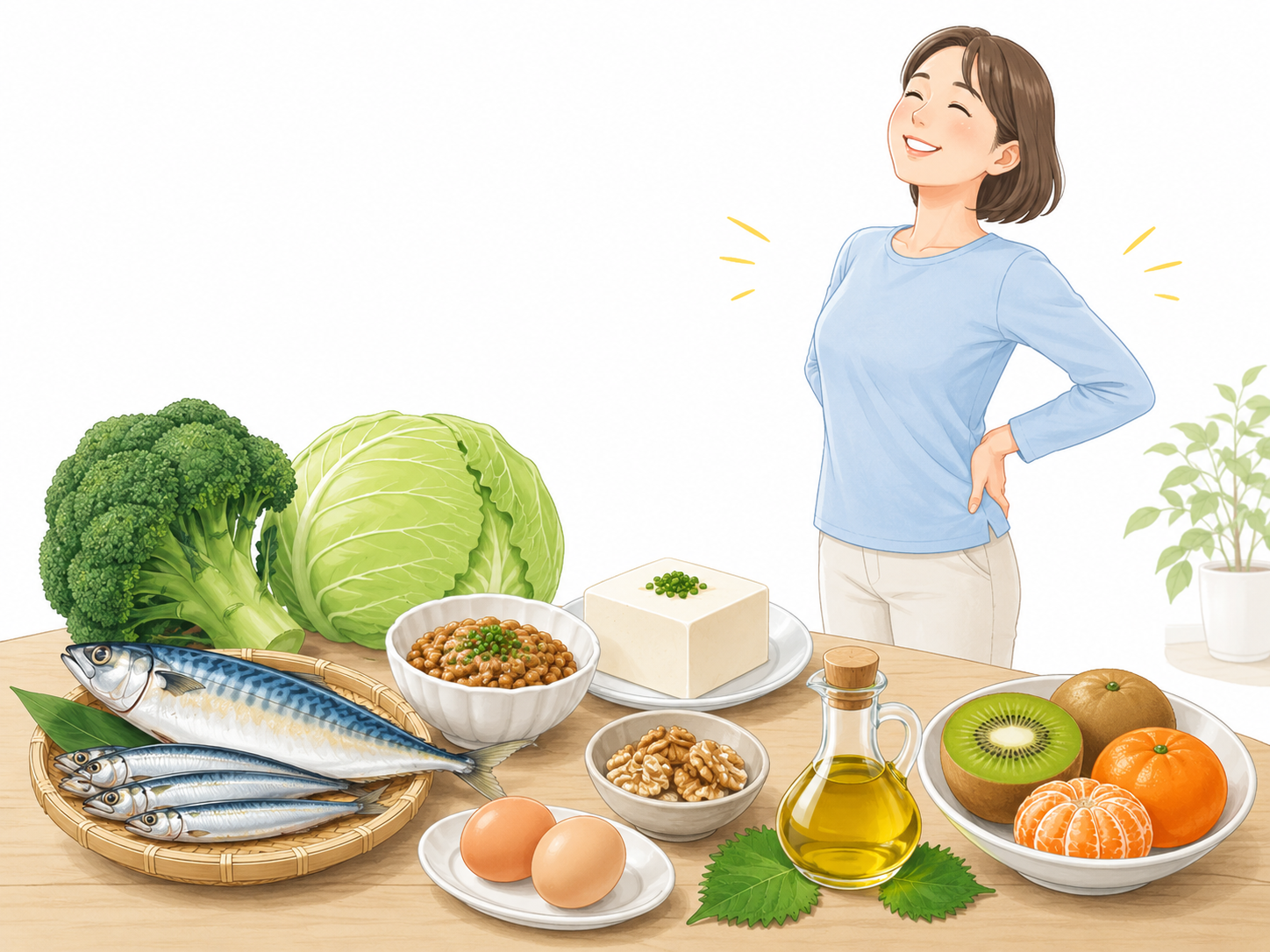 回復をサポートする食材が並んだイラスト