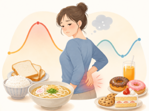 腰痛と食事・血糖値の関係が伝わるイラスト